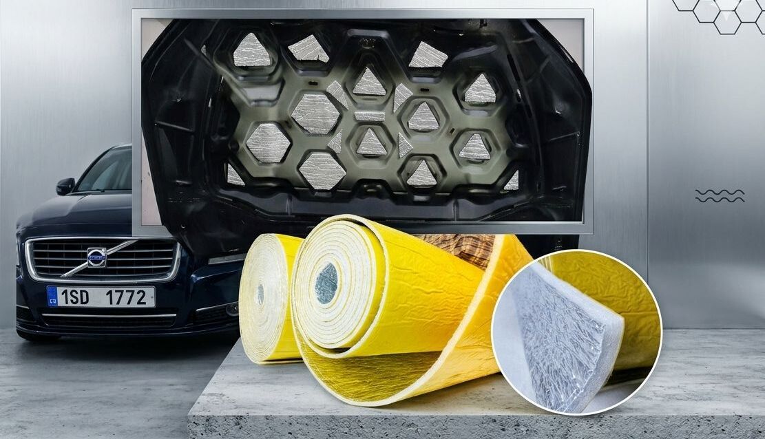 Izolace kapoty auta nalepená na kapotě a detail materiálu