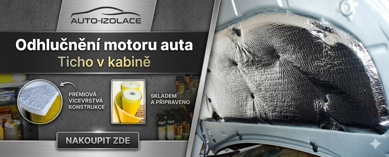 Izolace kapoty auta nalepená na kapotě a detail materiálu