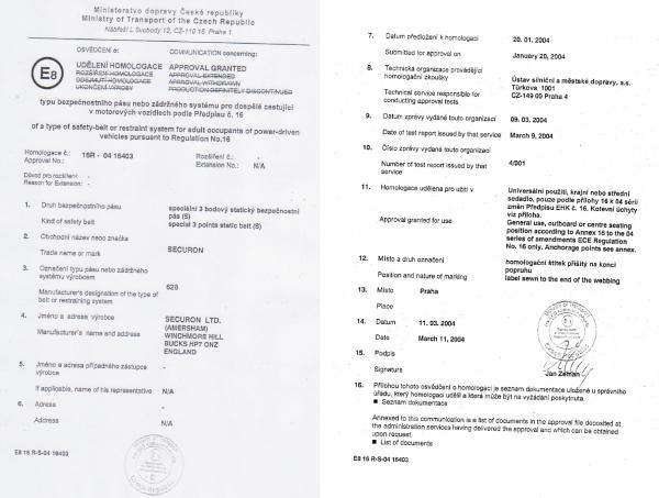 Bezpečnostní pás Securon 3-bodový černý, kotvící háky (E homologace)