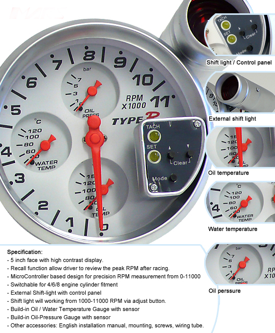 Přídavný budík Type-R - tachometr (125mm) se shift lightem 4in1 - bílý panel