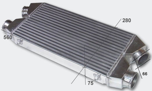 Intercooler FMIC 760 x 280 x 75mm (560 x 280 x 75mm) bi-turbo - výstupy 66mm