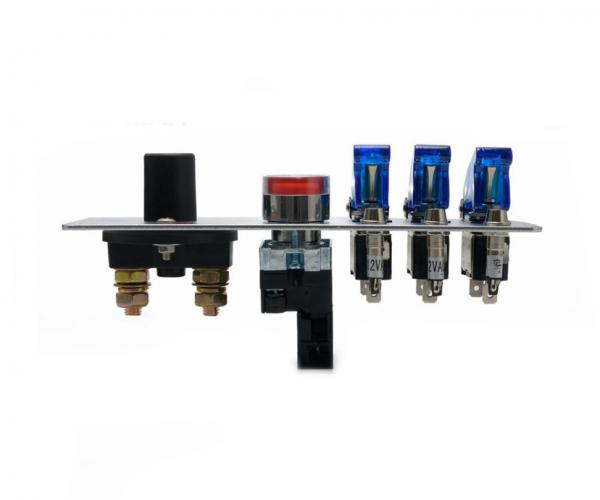 Startovací panel hliníkový - 3x přepínač kill switch + odpojovač + start. tlačítko