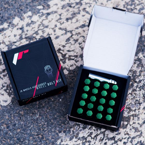Sada kolových šroubů Japan Racing JB1 závit M12 x 1,5 - 28mm délka závitu - zelené