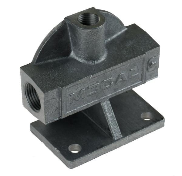 Externí relokační držák olejového filtru Mocal - 1x vývod 1/2"-BSP na každé straně + M14 čidlo - pravý