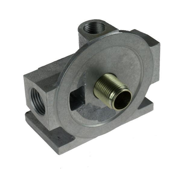 Externí relokační držák olejového filtru Mocal - 1x vývod 1/2"-BSP na každé straně + M14 čidlo - pravý