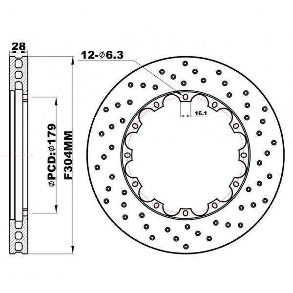 Přední brzdové kotouče D2 Racing 304x28mm - děrované - pevné (2009-)