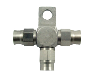 Téčko s výstupy 3x PTFE hadice D-03 (AN3) - nerezové (s držákem)