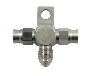 Téčko s výstupy 2x PTFE hadice D-03 (AN3) + 1x samec D-03 (AN3) 3/8"x24-UNF - nerezové (s držákem)